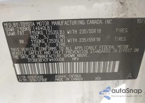 2015 Toyota Rav4 Limited from USA, damaged, VIN 2T3DFREV2FW400008